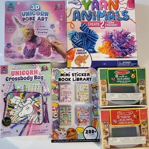 New Girl's Arts and Crafts Lot 6 Items Unicorns, Yarn Animals, Stickers, Stamps